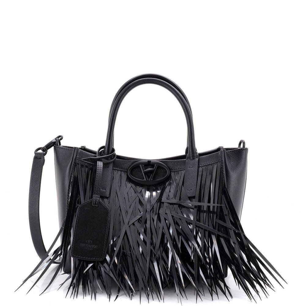 Valentino Garavani Small Vlogo Fringe Tote Leather with Sequins